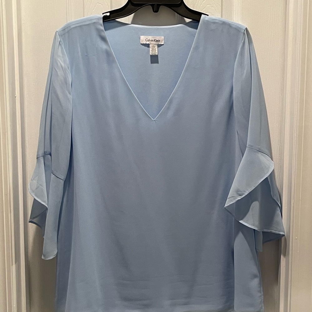 Calvin Klein Women's Soft Blue Ruffle Sleeve Blouse